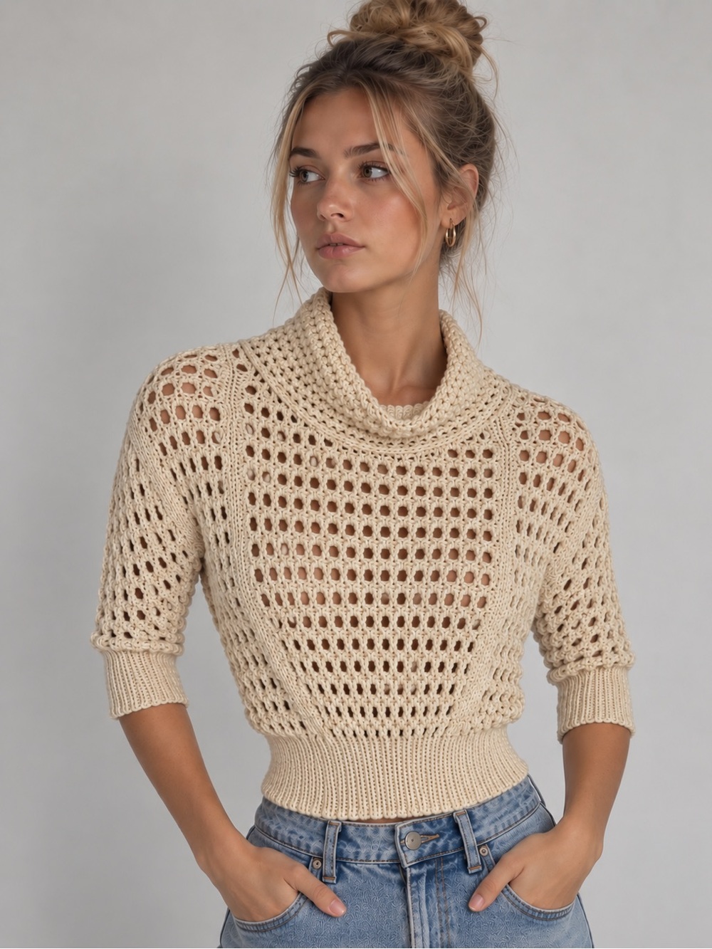 ASTR The Label Oatmeal Open Knit Crochet Sweater small